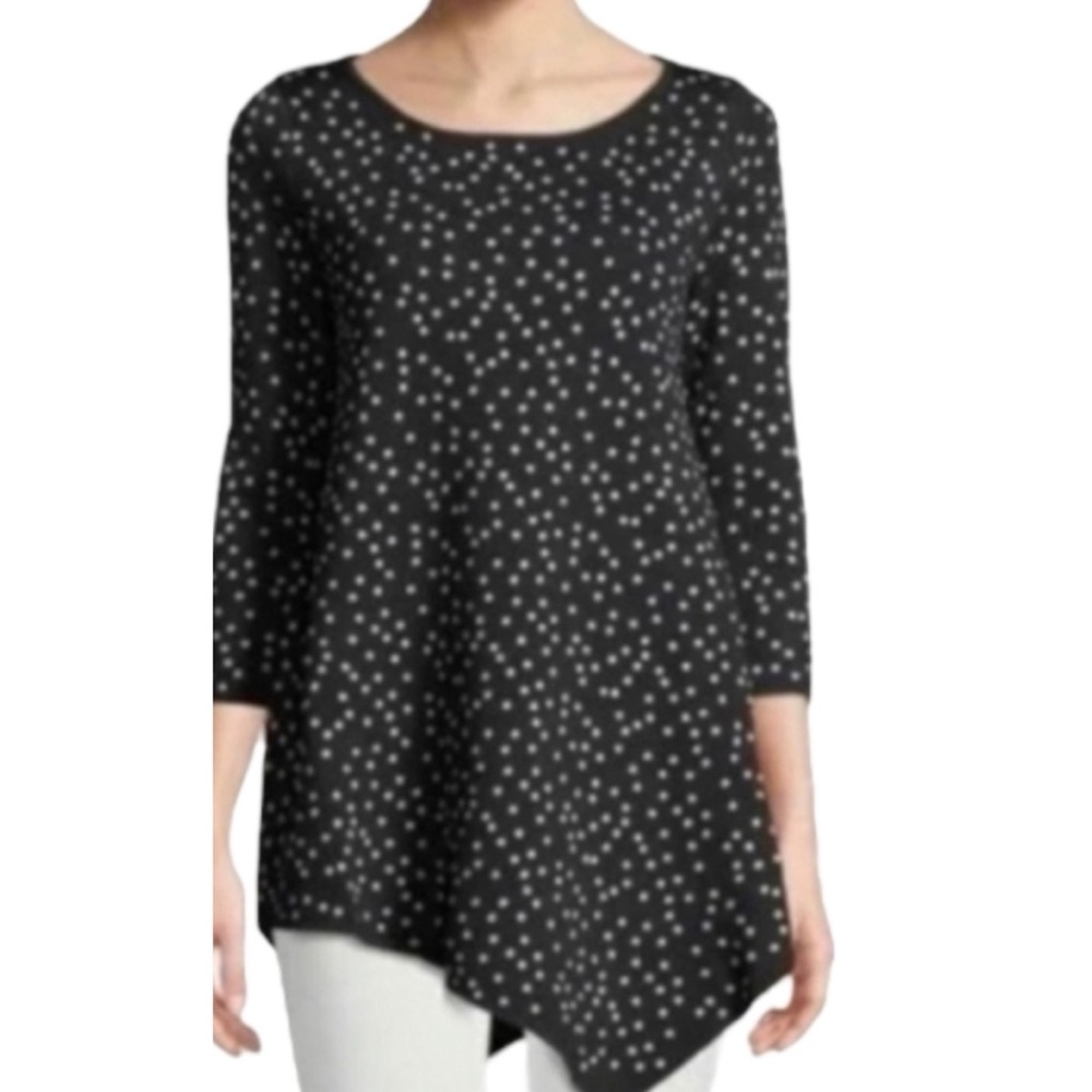Chelsea & Theodore Polka Dot Asymmetrical Hem 3/4 Sleeve Tunic Sweater Large